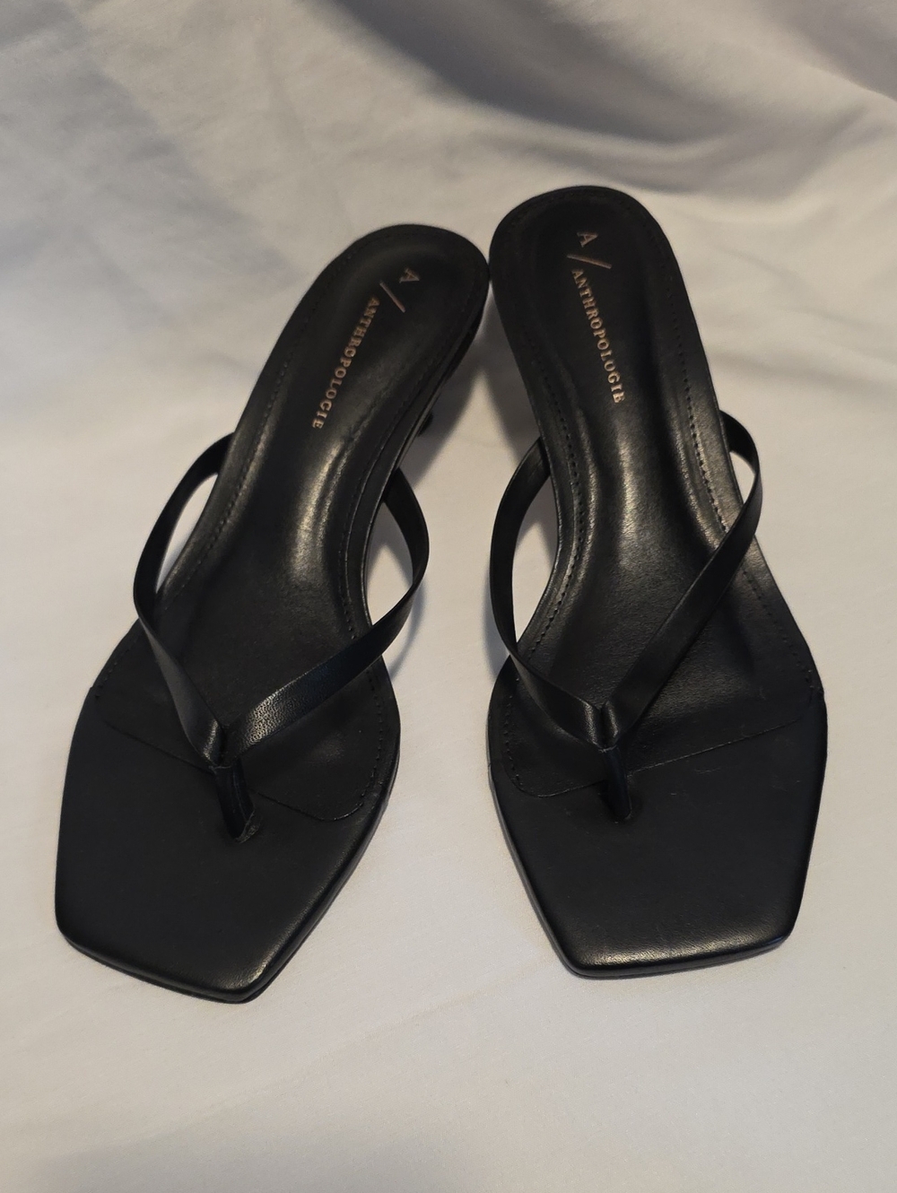 Anthropologie Black Square-Toe Thong Heels